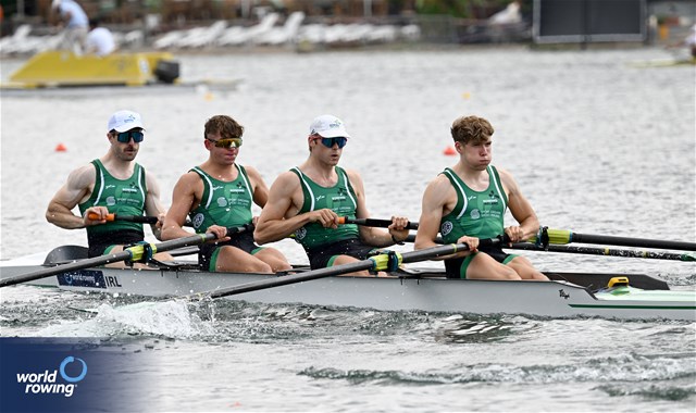 Fionnan Mc Quillan-Tolan (b), Adam Murphy, Jack Dorney, John Kearney (s), Men's Four, Ireland, 2023 World Rowing Championships, Belgrade, Serbia © Detlev Seyb / MyRowingPhoto.com