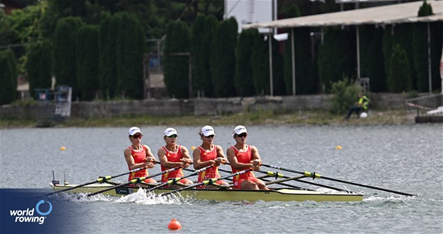 Yunxia Chen (b), Ling Zhang, Yang Lyu, Xiaotong Cui (s), Women's Quadruple Sculls, People's Republic of China, 2023 World Rowing Championships, Belgrade, Serbia © Detlev Seyb / MyRowingPhoto.com
