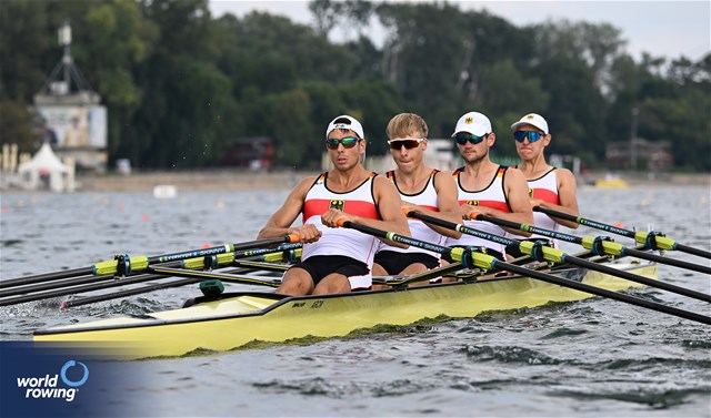 Max Von Buelow (b), Simon Klueter, Fabio Kress, Joachim Agne (s), Lightweight Men's Quadruple Sculls, Germany, 2023 World Rowing Championships, Belgrade, Serbia © Detlev Seyb / MyRowingPhoto.com