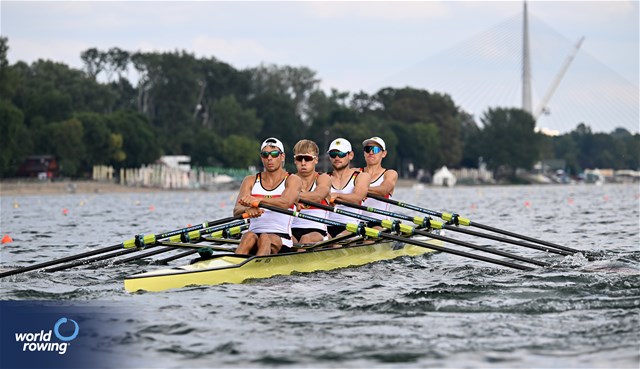 Max Von Buelow (b), Simon Klueter, Fabio Kress, Joachim Agne (s), Lightweight Men's Quadruple Sculls, Germany, 2023 World Rowing Championships, Belgrade, Serbia © Detlev Seyb / MyRowingPhoto.com