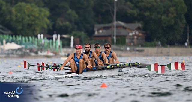Pietro Ruta (b), Luca Borgonovo, Nicolo' Demiliani, Matteo Tonelli (s), Lightweight Men's Quadruple Sculls, Italy, 2023 World Rowing Championships, Belgrade, Serbia © Detlev Seyb / MyRowingPhoto.com