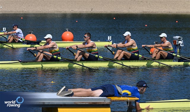 Armandas Kelmelis (b), Povilas Juskevicius, Dominykas Jancionis, Giedrius Bieliauskas (s), Men's Quadruple Sculls, Lithuania, 2023 World Rowing Championships, Belgrade, Serbia © Maren Derlien / MyRowingPhoto.com