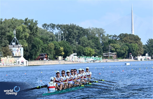 Benedict Eggeling (b), Jasper Angl, Max John, Torben Johannesen, Olaf Roggensack, Marc Kammann, Wolf-Niclas Schroeder, Mattes Schoenherr (s), Jonas Wiesen (c), Men's Eight, Germany, 2023 World Rowing Championships, Belgrade, Serbia © Detlev Seyb / MyRowingPhoto.com