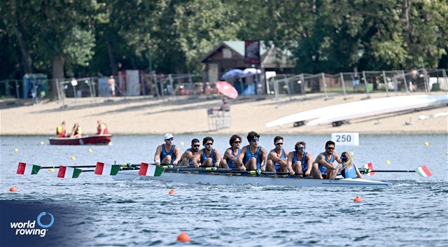Matteo Della Valle (b), Emanuele Gaetani Liseo, Salvatore Monfrecola, Giovanni Abagnale, Gennaro Di Mauro, Simone Venier, Vincenzo Abbagnale, Leonardo Pietra Caprina (s), Alessandra Faella (c), Men's Eight, Italy, 2023 World Rowing Championships, Belgrade, Serbia © Detlev Seyb / MyRowingPhoto.com