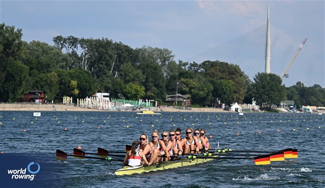 Michelle Lebahn (b), Chiara Saccomando, Ricarda Heuser, Antonia Galland, Emilia Fritz, Olivia Clotten, Lene Muehrs, Klara Kerstan (s), Annalena Fisch (c), Women's Eight, Germany, 2023 World Rowing Championships, Belgrade, Serbia © Detlev Seyb / MyRowingPhoto.com