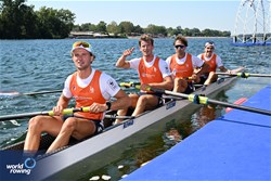 Nicolas Van Sprang (b), Ruben Knab, Ralf Rienks, Rik Rienks (s), Men's Four, Netherlands, 2023 World Rowing Championships, Belgrade, Serbia © Detlev Seyb / MyRowingPhoto.com