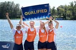 Marloes Oldenburg (b), Hermijntje Drenth, Tinka Offereins, Benthe Boonstra (s), Women's Four, Netherlands, 2023 World Rowing Championships, Belgrade, Serbia © Detlev Seyb / MyRowingPhoto.com