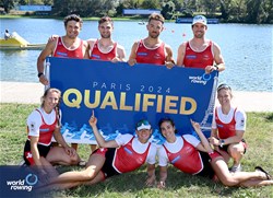 Fabienne Schweizer (b), Lisa Loetscher, Pascale Walker, Celia Dupre (s), Women's Quadruple Sculls, Switzerland, Dominic Condrau (b), Jan Jonah Plock, Scott Baerlocher, Maurin Lange (s), Men's Quadruple Sculls, Switzerland, 2023 World Rowing Championships, Belgrade, Serbia © Detlev Seyb / MyRowingPhoto.com