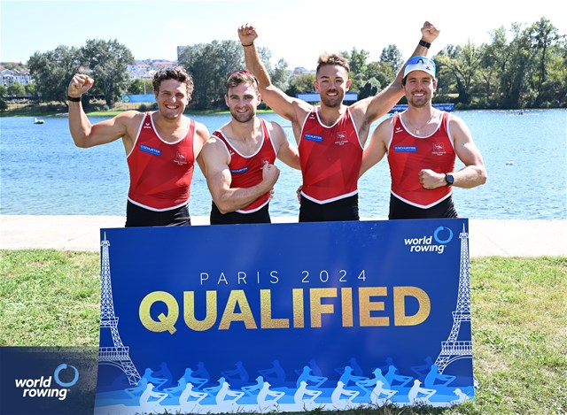 Dominic Condrau (b), Jan Jonah Plock, Scott Baerlocher, Maurin Lange (s), Men's Quadruple Sculls, Switzerland, 2023 World Rowing Championships, Belgrade, Serbia © Detlev Seyb / MyRowingPhoto.com