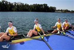 Giorgia Patten (b), Katrina Werry, Sarah Hawe, Lucy Stephan (s), Women's Four, Australia, 2023 World Rowing Championships, Belgrade, Serbia © Maren Derlien / MyRowingPhoto.com