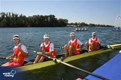 Shuxian Zhang (b), Xiaoxin Liu, Zifeng Wang, Xingye Xu (s), Women's Four, People's Republic of China, 2023 World Rowing Championships, Belgrade, Serbia © Maren Derlien / MyRowingPhoto.com