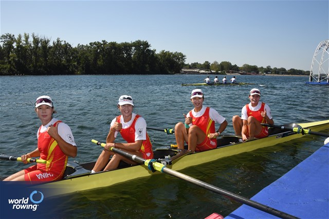 Shuxian Zhang (b), Xiaoxin Liu, Zifeng Wang, Xingye Xu (s), Women's Four, People's Republic of China, 2023 World Rowing Championships, Belgrade, Serbia © Maren Derlien / MyRowingPhoto.com