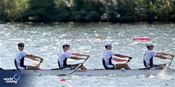 Justin Best (b), Nicholas Mead, Michael Grady, Liam Corrigan (s), Men's Four, United States of America, 2023 World Rowing Championships, Belgrade, Serbia © Detlev Seyb / MyRowingPhoto.com