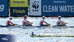 Nicolas Van Sprang (b), Ruben Knab, Ralf Rienks, Rik Rienks (s), Men's Four, Netherlands, 2023 World Rowing Championships, Belgrade, Serbia © Detlev Seyb / MyRowingPhoto.com