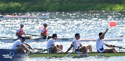 Thibaud Turlan (b), Guillaume Turlan, Benoit Brunet, Teo Rayet (s), Men's Four, France, 2023 World Rowing Championships, Belgrade, Serbia © Detlev Seyb / MyRowingPhoto.com