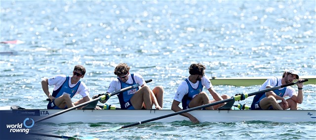 Paolo Covini (b), Alessandro Bonamoneta, Davide Verita', Davide Comini (s), Men's Four, Italy, 2023 World Rowing Championships, Belgrade, Serbia © Detlev Seyb / MyRowingPhoto.com