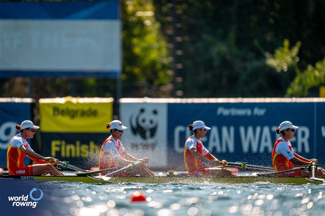 Shuxian Zhang (b), Xiaoxin Liu, Zifeng Wang, Xingye Xu (s), Women's Four, People's Republic of China, 2023 World Rowing Championships, Belgrade, Serbia © World Rowing/Benedict Tufnell