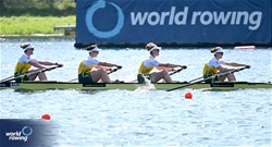 Giorgia Patten (b), Katrina Werry, Sarah Hawe, Lucy Stephan (s), Women's Four, Australia, 2023 World Rowing Championships, Belgrade, Serbia © Detlev Seyb / MyRowingPhoto.com