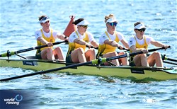 Giorgia Patten (b), Katrina Werry, Sarah Hawe, Lucy Stephan (s), Women's Four, Australia, 2023 World Rowing Championships, Belgrade, Serbia © Detlev Seyb / MyRowingPhoto.com