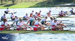 Piper Battersby (b), Rebecca Zimmerman, Kristen Siermachesky, Kristina Walker (s), Women's Four, Canada ,2023 World Rowing Championships, Belgrade, Serbia © Detlev Seyb / MyRowingPhoto.com
