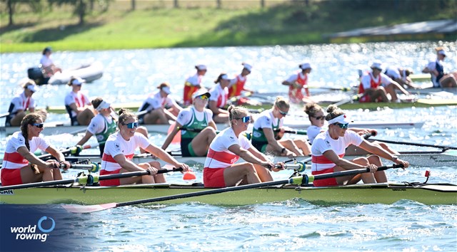 Piper Battersby (b), Rebecca Zimmerman, Kristen Siermachesky, Kristina Walker (s), Women's Four, Canada ,2023 World Rowing Championships, Belgrade, Serbia © Detlev Seyb / MyRowingPhoto.com