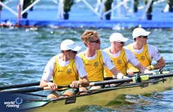 Alexander Hill (b), Spencer Turrin, Jack Hargreaves, Alexander Purnell (s), Men's Four, Australia, 2023 World Rowing Championships, Belgrade, Serbia © Detlev Seyb / MyRowingPhoto.com