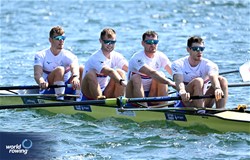 Oliver Wilkes (b), David Ambler, Matthew Aldridge, Freddie Davidson (s), Men's Four, Great Britain, 2023 World Rowing Championships, Belgrade, Serbia © Detlev Seyb / MyRowingPhoto.com