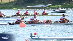 Shannon Kennedy (b), Grace Vandenbroek, Elisa Bolinger, Carling Zeeman (s), Women's Quadruple Sculls, Canada, 2023 World Rowing Championships, Belgrade, Serbia © Detlev Seyb / MyRowingPhoto.com