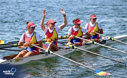 Emanuela-Ioana Ciotau (b), Andrada-Maria Morosanu, Cristina Druga, Patricia Cires (s), Women's Quadruple Sculls, Romania, 2023 World Rowing Championships, Belgrade, Serbia © Detlev Seyb / MyRowingPhoto.com