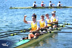 Rowena Meredith (b), Caitlin Cronin, Harriet Hudson, Kathryn Rowan (s), Women's Quadruple Sculls, Australia, 2023 World Rowing Championships, Belgrade, Serbia © Detlev Seyb / MyRowingPhoto.com