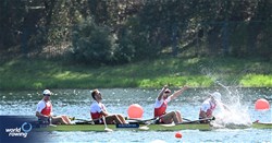 Dominic Condrau (b), Jan Jonah Plock, Scott Baerlocher, Maurin Lange (s), Men's Quadruple Sculls, Switzerland, 2023 World Rowing Championships, Belgrade, Serbia © Detlev Seyb / MyRowingPhoto.com