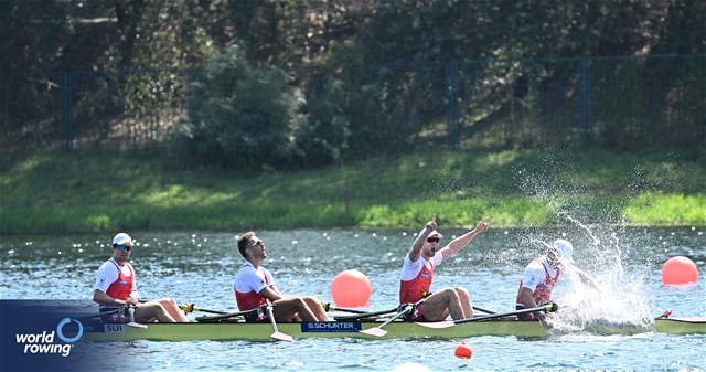 Dominic Condrau (b), Jan Jonah Plock, Scott Baerlocher, Maurin Lange (s), Men's Quadruple Sculls, Switzerland, 2023 World Rowing Championships, Belgrade, Serbia © Detlev Seyb / MyRowingPhoto.com