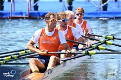 Lennart Van Lierop (b), Finn Florijn, Tone Wieten, Koen Metsemakers (s), Men's Quadruple Sculls, Netherlands, 2023 World Rowing Championships, Belgrade, Serbia © Detlev Seyb / MyRowingPhoto.com