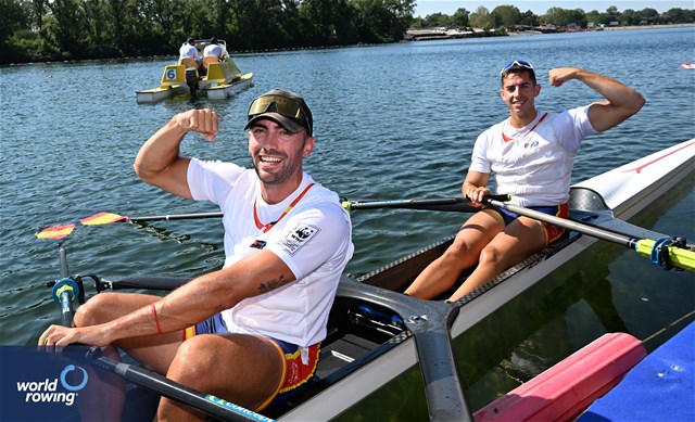 Aleix Garcia Pujolar (b), Rodrigo Conde Romero (s), Men's Double Sculls, Spain, 2023 World Rowing Championships, Belgrade, Serbia © Detlev Seyb / MyRowingPhoto.com