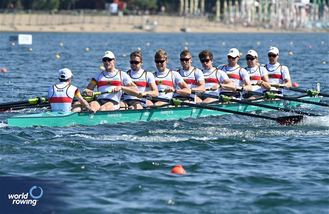 Benedict Eggeling (b), Jasper Angl, Max John, Torben Johannesen, Olaf Roggensack, Marc Kammann, Wolf-Niclas Schroeder, Mattes Schoenherr (s), Jonas Wiesen (c), Men's Eight, Germany, 2023 World Rowing Championships, Belgrade, Serbia © Maren Derlien / MyRowingPhoto.com