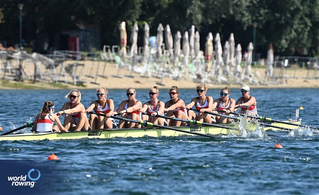 Michelle Lebahn (b), Chiara Saccomando, Ricarda Heuser, Antonia Galland, Emilia Fritz, Olivia Clotten, Lene Muehrs, Klara Kerstan (s), Annalena Fisch (c), Women's Eight, Germany, 2023 World Rowing Championships, Belgrade, Serbia © Maren Derlien / MyRowingPhoto.com
