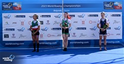 Siobhan Mccrohan, Lightweight Women's Single Sculls, Ireland, Gold, Kenia Lechuga, Mexico, Silver, Sophia Luwis, United States of America, Bronze,  2023 World Rowing Championships, Belgrade, Serbia © Detlev Seyb / MyRowingPhoto.com