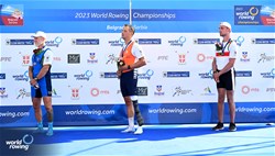 Cornelis De Koning, PR2 Men's Single Sculls, Netherlands, Gold, Gian Filippo Mirabile, Italy, Silver, Paul Umbach, Germany, Bronze, 2023 World Rowing Championships, Belgrade, Serbia © Detlev Seyb / MyRowingPhoto.com