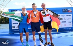 Cornelis De Koning, PR2 Men's Single Sculls, Netherlands, Gold, Gian Filippo Mirabile, Italy, Silver, Paul Umbach, Germany, Bronze, 2023 World Rowing Championships, Belgrade, Serbia © Detlev Seyb / MyRowingPhoto.com