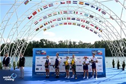 Nikki Ayers (b), Jed Altschwager (s), PR3 Mixed Double Sculls, Australia, Gold, Gemma Wollenschlaeger (b), Todd Vogt (s), United States of America, Silver, Elur Alberdi (b), Laurent Cadot (s), France, Bronze, 2023 World Rowing Championships, Belgrade, Serbia © Detlev Seyb / MyRowingPhoto.com