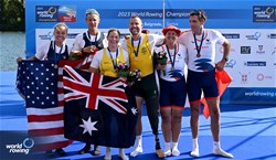 Nikki Ayers (b), Jed Altschwager (s), PR3 Mixed Double Sculls, Australia, Gold, Gemma Wollenschlaeger (b), Todd Vogt (s), United States of America, Silver, Elur Alberdi (b), Laurent Cadot (s), France, Bronze, 2023 World Rowing Championships, Belgrade, Serbia © Detlev Seyb / MyRowingPhoto.com