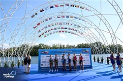 Francesco Bardelli (b), Stefano Pinsone (s), Lightweight Men's Pair, Italy, Gold, Bence Szabo (b), Kalman Furko (s), Hungary, Silver, Dmitrii Zincenco (b), Nichita Naumciuc (s), Republic of Moldova, Bronze, 2023 World Rowing Championships, Belgrade, Serbia © Detlev Seyb / MyRowingPhoto.com