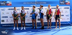 Francesco Bardelli (b), Stefano Pinsone (s), Lightweight Men's Pair, Italy, Gold, Bence Szabo (b), Kalman Furko (s), Hungary, Silver, Dmitrii Zincenco (b), Nichita Naumciuc (s), Republic of Moldova, Bronze, 2023 World Rowing Championships, Belgrade, Serbia © Detlev Seyb / MyRowingPhoto.com