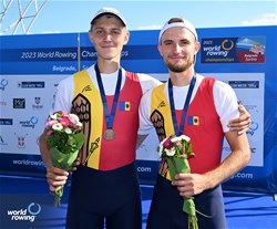 Dmitrii Zincenco (b), Nichita Naumciuc (s), Lightweight Men's Pair, Republic of Moldova, Bronze, 2023 World Rowing Championships, Belgrade, Serbia © Detlev Seyb / MyRowingPhoto.com