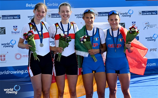 Serena Mossi (b), Elisa Grisoni (s), Lightweight Women's Pair, Italy, Gold, Luise Munch (b), Eva Hohoff (s), Germany, Silver, 2023 World Rowing Championships, Belgrade, Serbia © Detlev Seyb / MyRowingPhoto.com