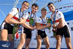 Max Von Buelow (b), Simon Klueter, Fabio Kress, Joachim Agne (s), Lightweight Men's Quadruple Sculls, Germany, Silver, 2023 World Rowing Championships, Belgrade, Serbia © Detlev Seyb / MyRowingPhoto.com