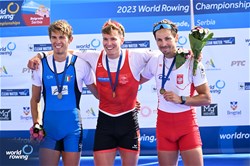 Andri Struzina, Lightweight Men's Single Sculls, Switzerland, Gold, Niels Torre, Italy, Silver, Artur Mikolajczewski, Poland, Bronze, 2023 World Rowing Championships, Belgrade, Serbia © Detlev Seyb / MyRowingPhoto.com