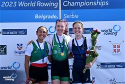 Siobhan Mccrohan, Lightweight Women's Single Sculls, Ireland, Gold, Kenia Lechuga, Mexico, Silver, Sophia Luwis, United States of America, Bronze,  2023 World Rowing Championships, Belgrade, Serbia © Detlev Seyb / MyRowingPhoto.com