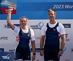 Gemma Wollenschlaeger (b), Todd Vogt (s), PR3 Mixed Double Sculls, United States of America, Silver, 2023 World Rowing Championships, Belgrade, Serbia © Detlev Seyb / MyRowingPhoto.com