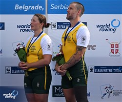 Nikki Ayers (b), Jed Altschwager (s), PR3 Mixed Double Sculls, Australia, Gold, 2023 World Rowing Championships, Belgrade, Serbia © Detlev Seyb / MyRowingPhoto.com